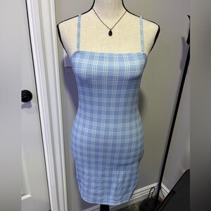 Blue and white plaid print mini spaghetti strap dress